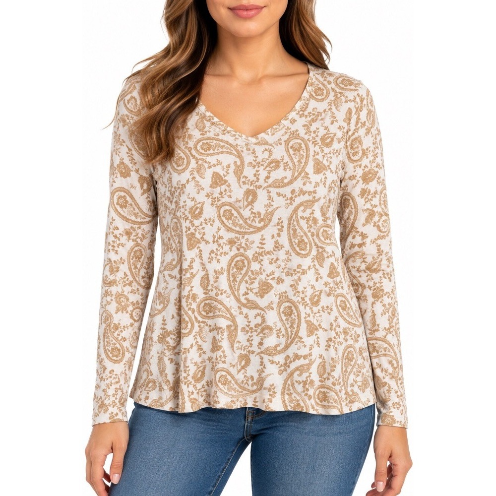 Croft Barrow Womens Classic Tee Top White Gold Paisley Print Long Sleeve L